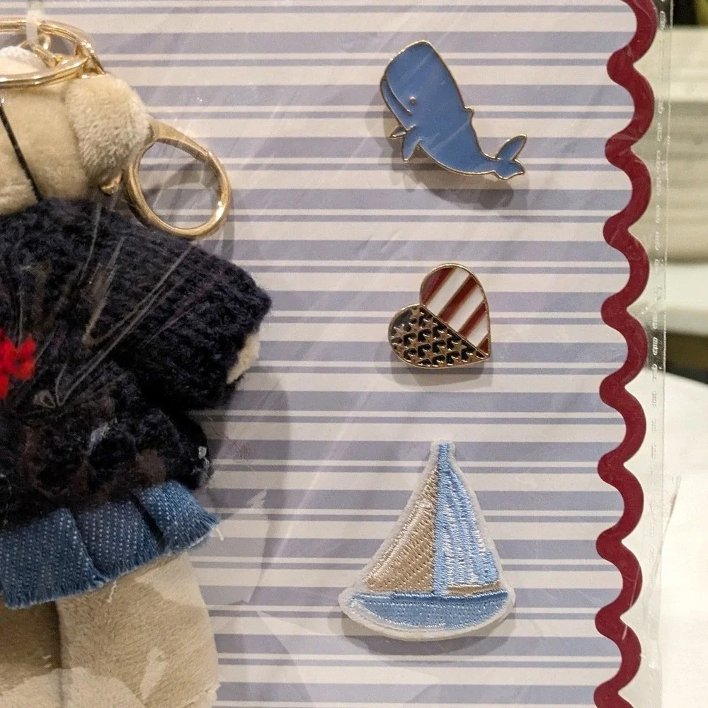 Nanette Lepore Teddy Bear Bag Charm and Pin Set 4th of July Blue Nautical‎ NEW